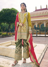 Blooming Chinnon Salwar Suit in Yellow-Mehendi